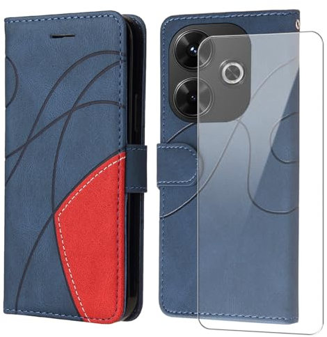 FHSYCR Hülle für Xiaomi Redmi 13 4G Leder Handyhülle mit Displayschutzfolie, mit Kartenfächer und Magnetverschluss, PU Flip Brieftasche Case Schutzhülle für Xiaomi Redmi 13 4G - Blau