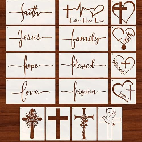 Qpout 16 Stück Christliche Schablone zum Malen auf Holz - Kreuz Schablonen zum Basteln Wiederverwendbar mit Inspirierenden Worten für Stoff, Leinwand, Wand, Plakat