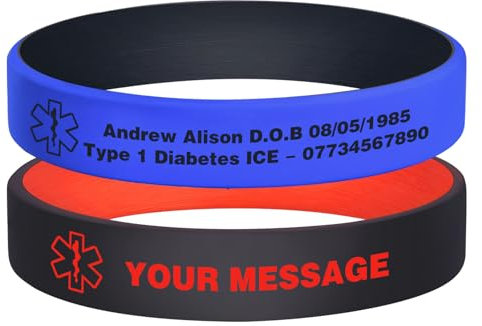Personalisierte Notfallarmband Medizinisches Alarm Armband - 2 Stück Elastische Silikon SOS Armband Gravur mit Name Telefonnummer Allergie Diabetes Epilepsie Notfall Armbänder für Herren Damen