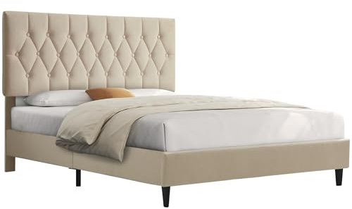 Blisswood 4ft6 Double Bed Frame Noise-Free Upholstered Platform Bed WithTufted Adjustable Headboard/Velvet Fabric Double Bed/Sturdy Wooden Slats Support & Under Bed Storage, 4ft6 Double Bed Beige