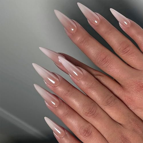 NICENEEDED 24PCS Long Stiletto Press on Nails, White Gradient False Nails Almond Glossy Artificial Nails, Full Cover Stick on Nails Reusable False Nails for Women Halloween