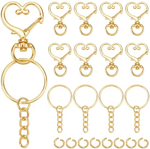SOFPLATE 150Pcs Heart Swivel Snap Hooks Set Metal Keychain Clip Bulk Alloy Gold Spring Snap Clasp Split Key Rings with Chain Jump Rings Hanging Buckle for Jewelry Making DIY Craft Bag Keychain Lanyard