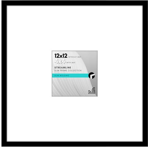 Americanflat 12x12 Picture Frame with Polished Plexiglass - Use as 4x4 Frame with Mat or 12x12 Frame Without Mat - Streamline Collection - Thin Picture Frame for Wall Display - Black