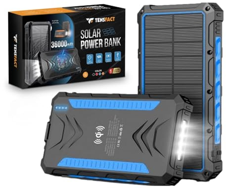 Tensfact® Solar Powerbank 36000 mAh Cargador Inalámbrico - Powerbank Solar - USB & USB-C (azul)