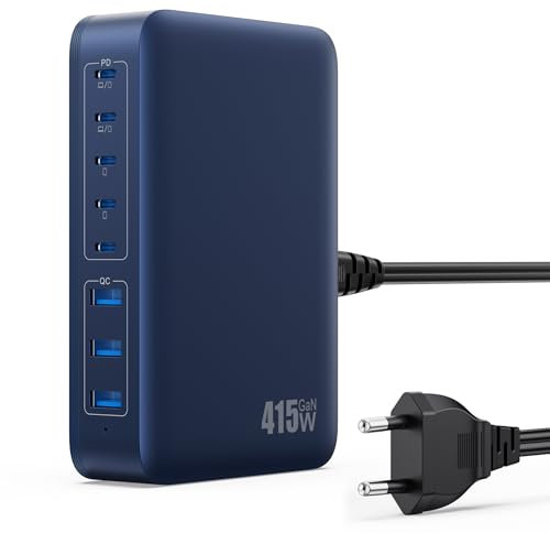 415W Cargador USB C Multiple, GAN IV 8-Port USB Charger Carga Rápida con Doble PD 100W, QC PPS Alimentador USB Multiple Cargador Tipo C para MacBook Air/Pro, iPhone, iPad Pro, Samsung, Huawei-Azul