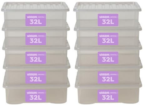 Wham Plastic Storage Boxes With Lids Home Office Stackable Nestable Container Box, 32L Easy fit Underbed Protective Storage Box, 60 x 40 x 18 cm - Tint Grey (Set of 10)