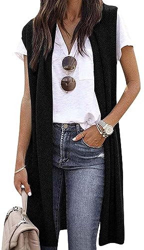 OMZIN Gilet Donna Aperto Senza Maniche Leggero E Lungo Unita Gilet Spolverino Cardigan Nero Scuro XL