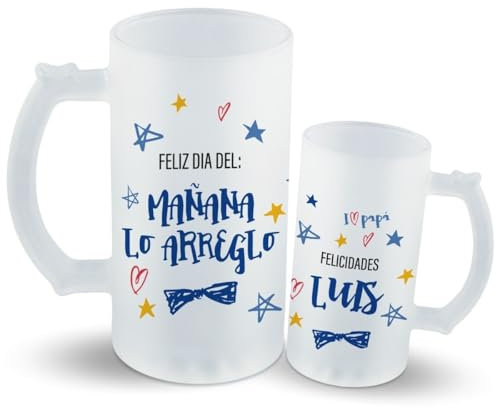 DEREGALOOS Jarra de Cerveza Personalizada con nombre. Jarra de Cristal Personalizada para bebidas frías. Regalos día del Padre. Detalles originales. (Mañana)