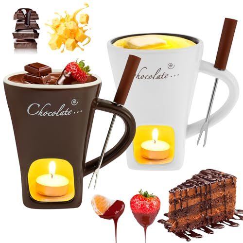 Guniata 2 Stück Schokofondue Tasse,Schokoladen Fondue Becher Set,Keramik Schokoladenfondue mit Gabel,Schokoladenfondue Becher für Käse,Schokolade,Butter und Karamell(2pcs)