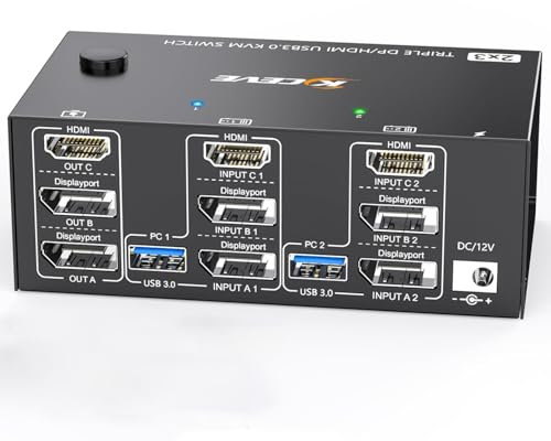 8K@60Hz 4K@144Hz KVM Switch 3 Monitors 2 Computers, HDMI + 2Displayport Triple Monitor KVM Switch 2 Computers Share 3 Monitors and 4 USB 3.0 Devices, Wired Remote and 2 USB3.0 Cables Included