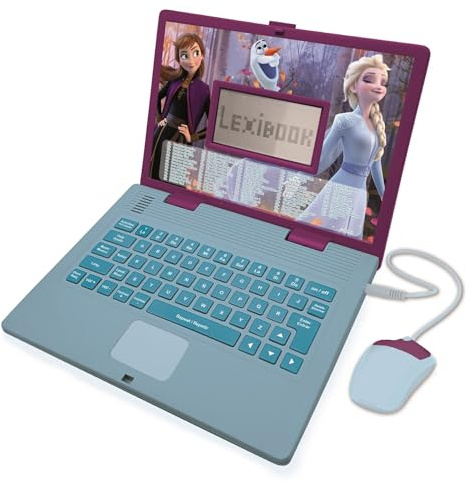 LEXIBOOK Disney Frozen 2 – Lern-Laptop, zweisprachig, Spanisch/Englisch, Spielzeug für Mädchen mit 124 Aktivitäten zum Lernen, Spielen und Musik mit ELSA und Anna – Blau/Violett, JC598FZi2LXB