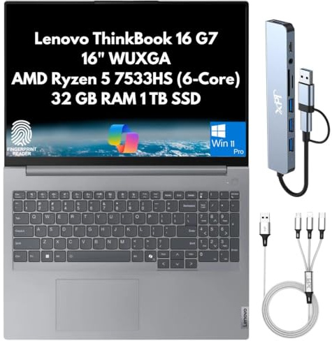 Lenovo ThinkBook 16 G7 Business Laptop 2025 pulgadas WUXGA, AMD Ryzen 5 7533HS (6 núcleos), 32 GB DDR5 RAM, 1 TB PCIe SSD, Wi-Fi 6, Bluetooth, RJ-45, cámara web, lector de huellas dactilares, Copilot