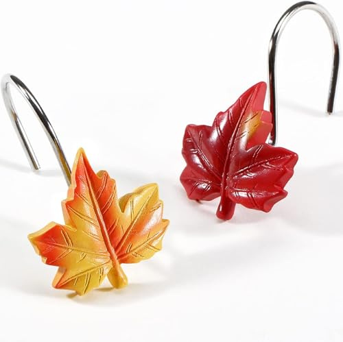 Maple Leaf Shower Curtain Hooks, 12Pcs Fall Thanksgiving Themed Rustproof Rings, Red and Yellow Autumn Leaves for Bathroom & Home Decor