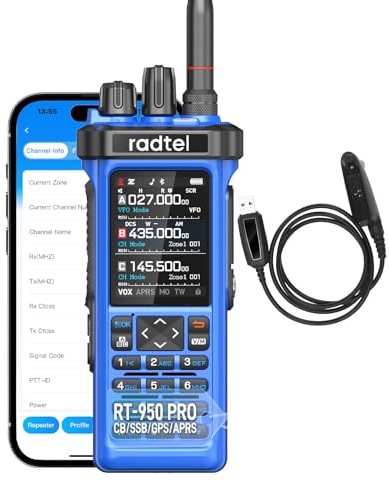 Radtel RT-950 PRO Ham Radio GPS/APRS, 10W Walkie Talkie Long Range Handheld Two Way Radio, SW/MW/LW RX, Bluetooth APP Programming, NOAA, Spectrum Analyzer,Blue(with Programming Cable)
