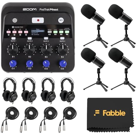 Zoom PodTrak P4next - Set di registratori podcast con quattro confezioni di microfoni Zoom ZDM-1, tra cui cuffie, parabrezza, cavi XLR e supporti da tavolo per una configurazione completa della