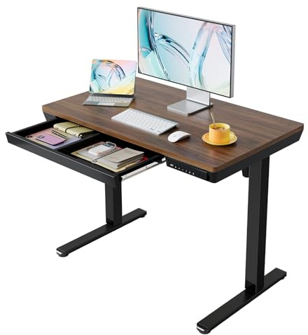 HUANUO ONE PIECE Electric Standing Desk, Height Adjustable Desk with Drawer, 100 x 60cm, Sit Stand Desk with USB Charging Ports & 3 Memory Height Settings, Black Walnut Wood, Home Office