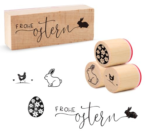4 Stücke Stempel Frohe Ostern Motivstempel aus Holz,Huhn stempel Osterhasen Ostereier für DIY Scrapbooking Kartenherstellung Fotoalbum Journal