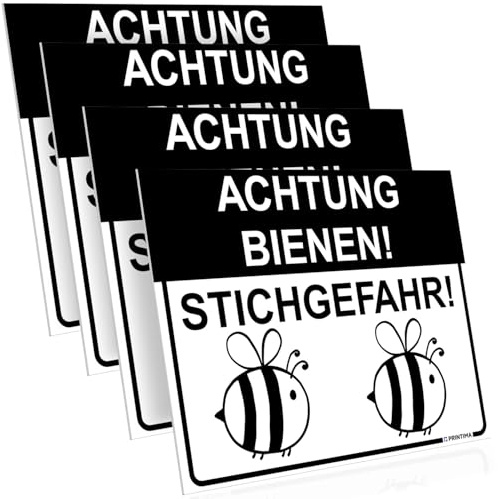 PRINTIMA 4x Schild 40x30 cm ACHTUNG BIENEN! STICHGEFAHR! wetterfestes PVC Warnschild inkl. Befestigungsmaterial für Imker, Bienenstand, Garten, Grundstück und Außenbereich