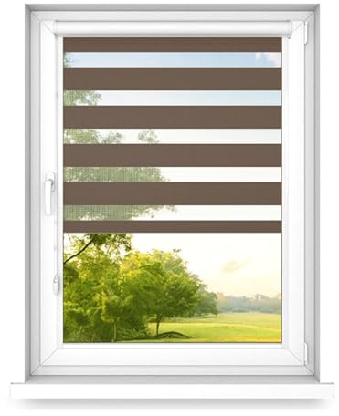 time4blinds - Doppelrollo ohne Bohren - Zebra Rollos für Fenster und Türen - zum Kleben, mit Aluminiumkassette, Lichtdurchlässiger Stoff, Kleberollos - Walnuss, 1600x1200, Links