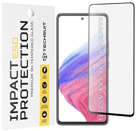 Techsuit Displayschutzfolie für Samsung Galaxy A53 5G Gehärtetes Glas mit Antistatisch, Staubabweisend, Vollständige Abdeckung, Stoßschutz, Oleophobe Beschichtung, Anti Fingerabdruck, Blasenfrei, ESD