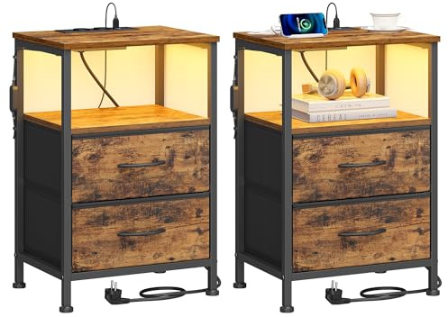 SONGMICS Nachttisch 2er Set, mit Steckdose, LED-Beleuchtung, 2 Schubladen | Nachtkommode, Beistelltisch, 39,6 x 30 x 60,4 cm, für Schlafzimmer, vintagebraun, BELLAH Kollektion LGS202K102
