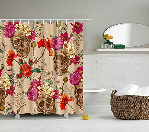 Boyouth Rideaux de Douche Vintage avec Motif Floral et tête de Mort - pour décoration de Salle de Bain, Tissu imperméable en Polyester avec 12 Crochets, 180 x 180 cm, Multicolore