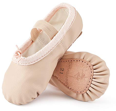 Ballettschuhe aus Leder Ballettschläppchen Tanzschuhe Gymnastikschuh mit Ganze Ledersohle für Kinder Damen Beige 35