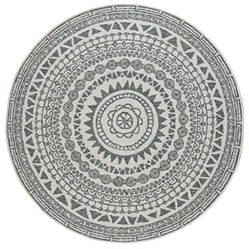 NORTHRUGS In- und Outdoor Teppich Coron Rund ⌀140cm - Wendeteppich Wetterfest Modern Grafisches Design Läufer für Balkon Terrasse Garten Wintergarten Wohnzimmerteppich Wasserfest in Grün Creme