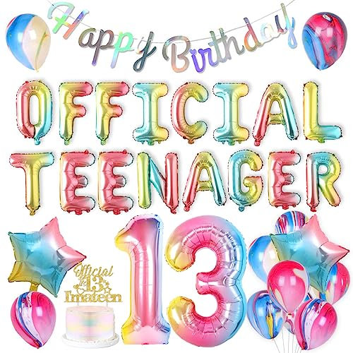 Regenbogen 13 Geburtstag Dekorationen für Mädchen Offizielle Teenager Geburtstag Party Dekoration Supplies - Schillerndes Happy Birthday Banner Pastell Nummer 13 Folienballon Offizieller Teenager Cake