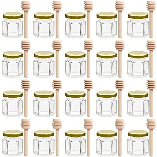BELLE VOUS 20 Pack Hexagonal Glass Honey Jars with Lid & Wooden Dipper - 40ml/1.4oz Mini Pots - Mason Jar for Foods, Jams & Spices - Baby Shower, Wedding & Party Favors