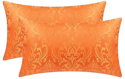 CaliTime Cushion Covers Pack of 2 Throw Pillow Covers Cases for Couch Sofa Home Decoration Vintage Damask Floral Shining & Dull Contrast (30cm x 50cm, Leuchtend Orange)