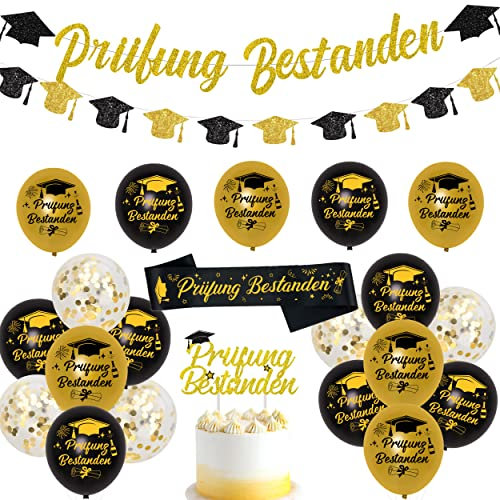 JOYMEMO Abschlussfeier Party Dekorations Prüfung Bestanden Girlande Ballons Schwarz ABI Deko Abitur Abschluss Deko Prüfung Bestanden Schärpe Tortentopper Graduierung Accessoire Deko Set