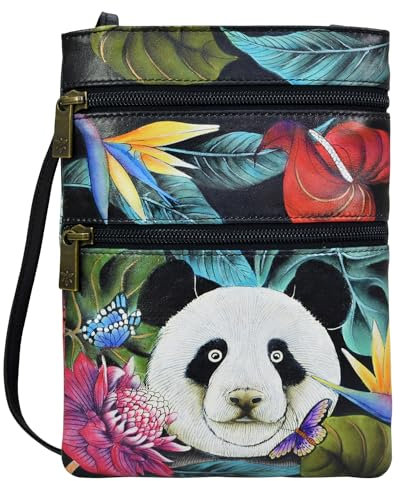 Anuschka Handbemalte Mini Crossbody Umhängetasche aus echtem Leder mit doppeltem Reißverschluss - Happy Panda