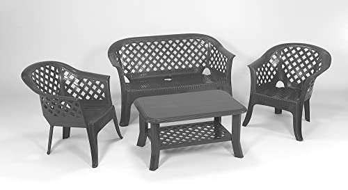 Dmora - Outdoor-Lounge-Set Brescia, Gartenkomposition mit 2 Sesseln, 1 Bank und 1 Couchtisch, Lounge für drinnen und draußen, 100 % Made in Italy, Anthrazit