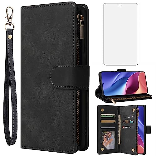 Asuwish Funda para Xiaomi Poco F3/Mi 11i 5G funda con lámina protectora de pantalla y tarjetero plegable de piel con soporte para cristal blindado Mi11i/11X Pro/Redmi K40 Plus Funda Phone Case Negro