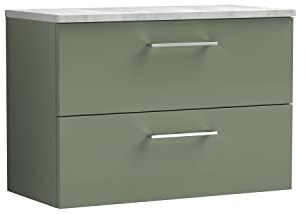 nuie ARN826LBG Arno Modern Bathroom Wall Hung 2 Drawer Vanity Unit with Laminate Worktop, 800mm, Satin Green/Bellato Grey