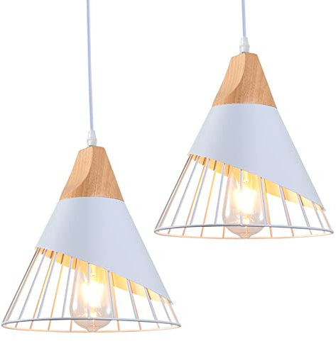 2x E27 Vintage-Pendelleuchte, MDUYU Industrielle Metall-Deckenleuchte mit Holzdesign, weiße Farbe, Retro-Pendelleuchten,Moderne Pendelleuchten für Esszimmer,Café,Restaurant,Küche,Innenleuchten