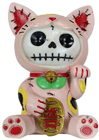 Ebros Gift Furry Bones Pink Maneki Neko Skelett Figur Glücksglück Katze Kätzchen Kapuze Totenkopf Monster Dekorative Furrybones Skelette Halloween Sammlerstück Skulptur