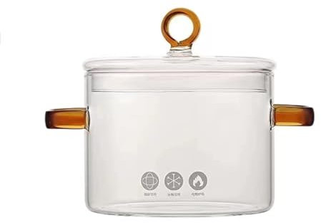 1.5L Olla de Vidrio para Cocinar, Olla de cristal, Batería de cocina de vidrio borosilicato resistente al calor, Sartén con Tapa Cubierta, Doble Asa