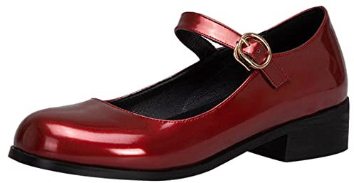 Bviennic Donna Scuola Tacco Medio Vernice Mary Jane Scarpe Punta Rotonda Comodo con Cinturino alla Caviglia Tacco A Blocco Pump Formal Estate Scarpe Vino Rosso Numero 39 Eu-40Cn