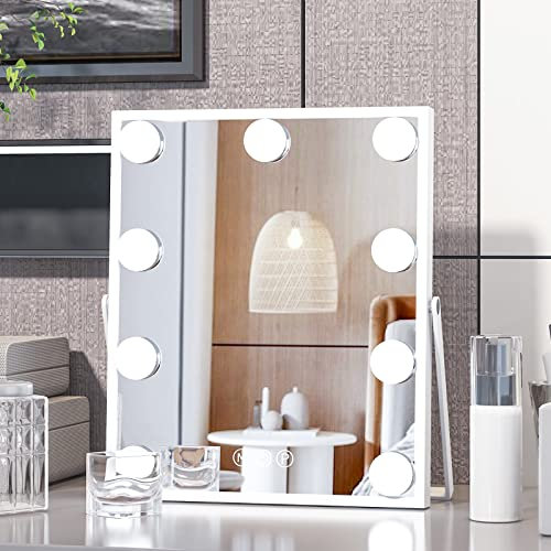 CASSILANDO 9 LED Birnen Hollywood Kosmetikspiegel mit Lichtern, Hollywood Make-up Spiegel, Kleiner Eitelkeits beleuchteter Spiegel mit 3-Farben-Beleuchtungsmodi, Smart Touch Control, weiß