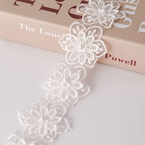 xingmo 2 m lange Vintage-Perlen-Bordüre, Spitzenbordüre, Stoff, zum Aufnähen, Blumenstickerei, Applikation (weiß)