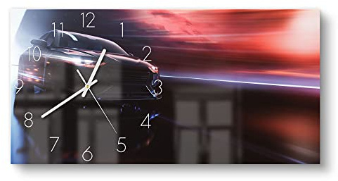 DEQORI Glasuhr | vertikal 60x30 cm | Motiv Sportwagen im Tunnel | große XXL Design Uhr aus Glas | leise Wanduhr für Wohnzimmer & Küche | moderne Hingucker Uhr für die Wand