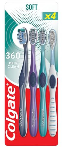 Colgate 360 Deep Clean Soft Toothbrush 4 pack - removes bacteria from teeth, tongue, cheeks and gums - interdental bristles clean between teeth - polishing cup remove plaque - antibacterial bristles*