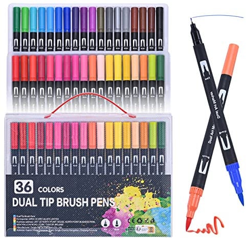 Filzstifte 36 Farben Dual Brush Pen Set - Fineliner mit feiner Spitze und Pinselspitze für Bullet Journaling, Malbücher, Handlettering - Tinte auf Wasserbasis - Ideal für Manga, Kalligraphie und mehr