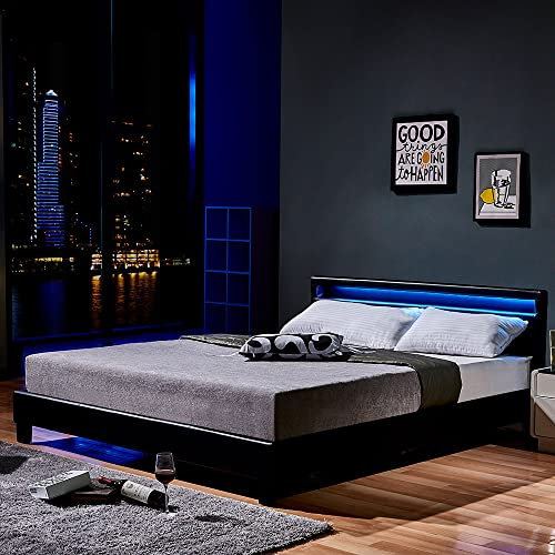 Home Deluxe - LED Bett Astro - Schwarz, 180 x 200 cm - inkl. Matratze und Lattenrost I Polsterbett Design Bett inkl. Beleuchtung