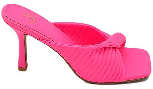 Sandalo Sabot Mules Tacco Fucsia A Punta Quadrata con Nodo Plissettato Tacco Sottile 12 CM Moda Cerimonia (39 EU)
