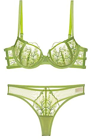 Necalisi Push up Bra Green Lingerie for Women Floral Lace Bra with Embroidery Bra with Half Cup Bra and Knickers Set (Underwire Lingerie Set) deep Plunge Bra 70B