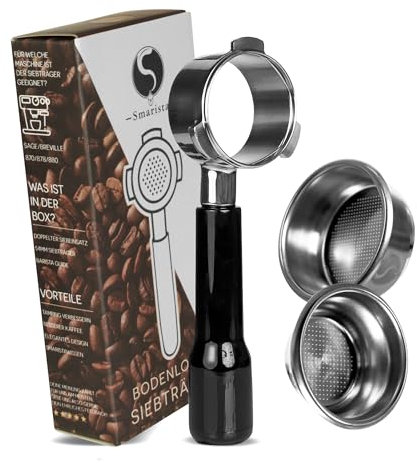 SMARISTA® Bodenloser Siebträger 54mm – Kompatibel mit Sage/Breville Barista Serie 870/878/880 – 54mm Filterhalter aus Edelstahl inkl. Siebeinsatz & Barista GUIDE [ABS]