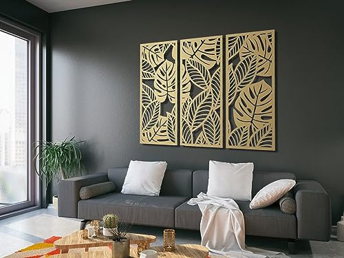Vailla ® Lot de 3 grandes feuilles de palmier - Décoration murale 3D - Feuilles tropicales - Décoration murale en bois - Style bohème - Pour salon (Feuilles tropicales 6)